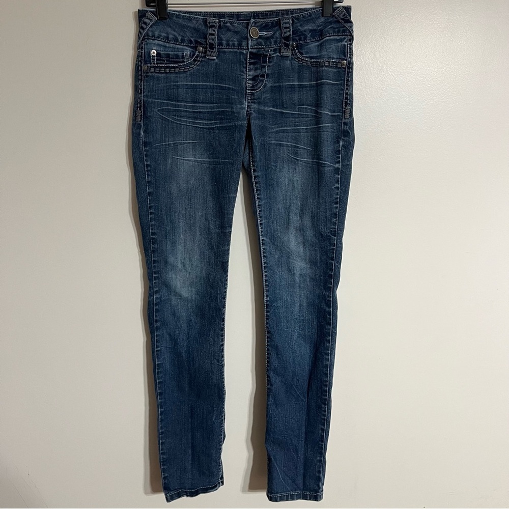 Maurices‎ Womens Dark Wash Thick Stitch Skinny Jeans Blue Size Small Low Rise